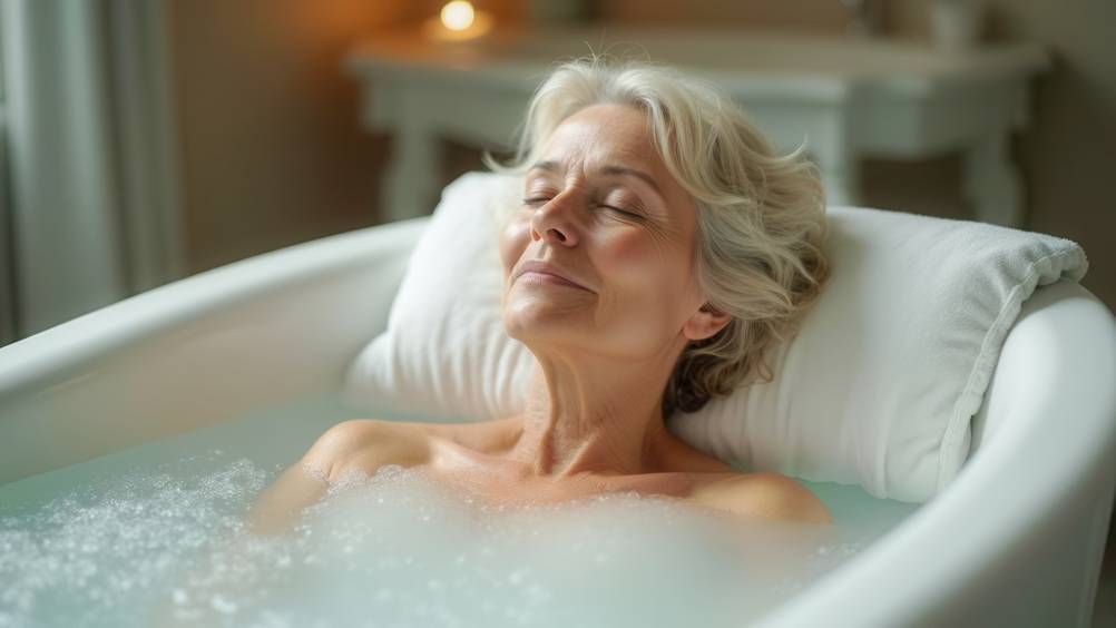 Badewannenlift im Test: Ältere Frau liegt entspannt auf einem Kissen in der Wanne.