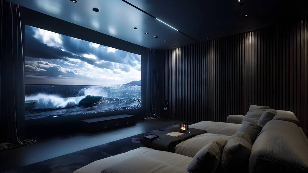 Heimkinosysteme im Test: Große Leinwand mit einem Bild vom Meer per Beamer in dunklem Raum.