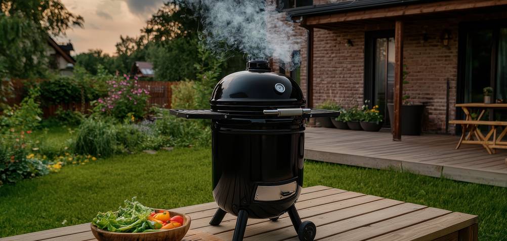 Räuchertonne im Test: Räuchertonne mit zwei seitlichen Ablagen und einer Schale Gemüse steht in einem Garten auf einer Holzterrasse.