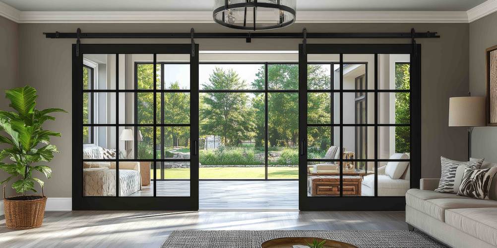Glasschiebetür im Test: Zwei Glasschiebetüren sind sichtbar: Vom Wohnzimmer in den Wintergarten und dahinter in den Garten.