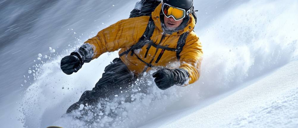 Snowboard-Rucksack-Test: Ein Snowboarder fährt schnell die Piste hinunter.