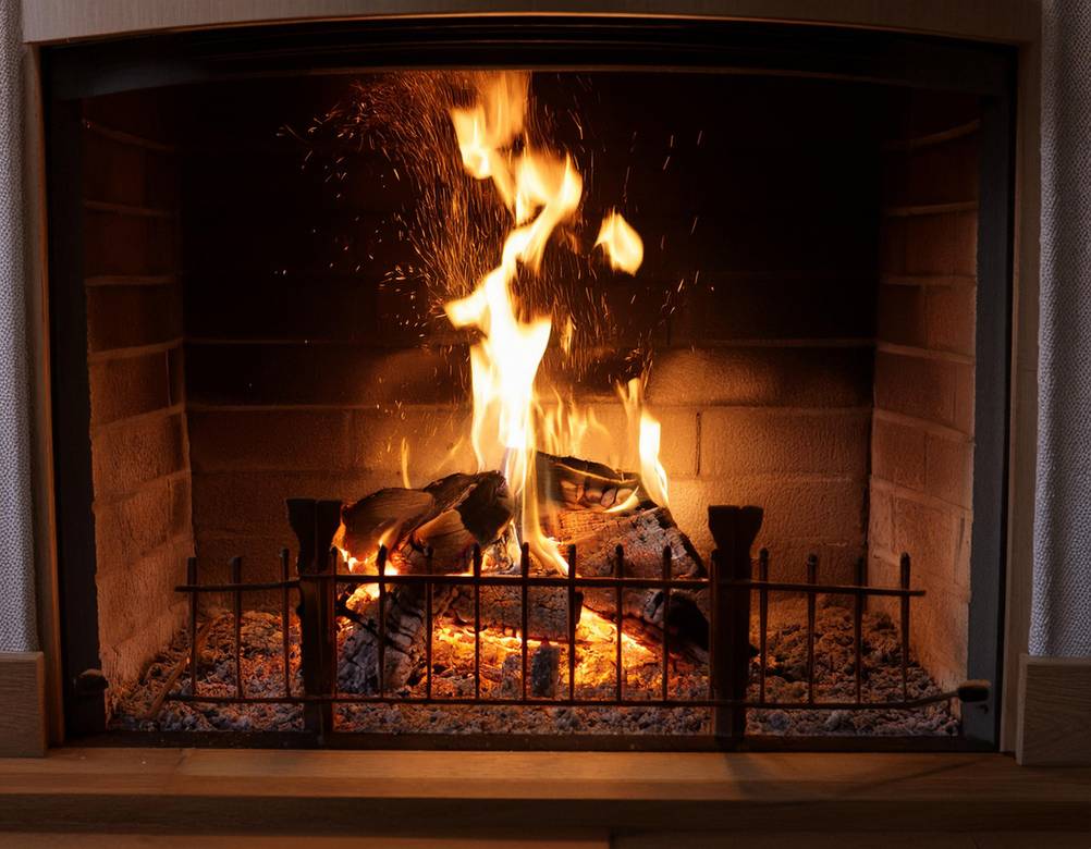 Kaminschutzgitter im Test: Ein offener, brenndender Kamin mit niedrigem grobem Gitter – kein Kaminschutzgitter