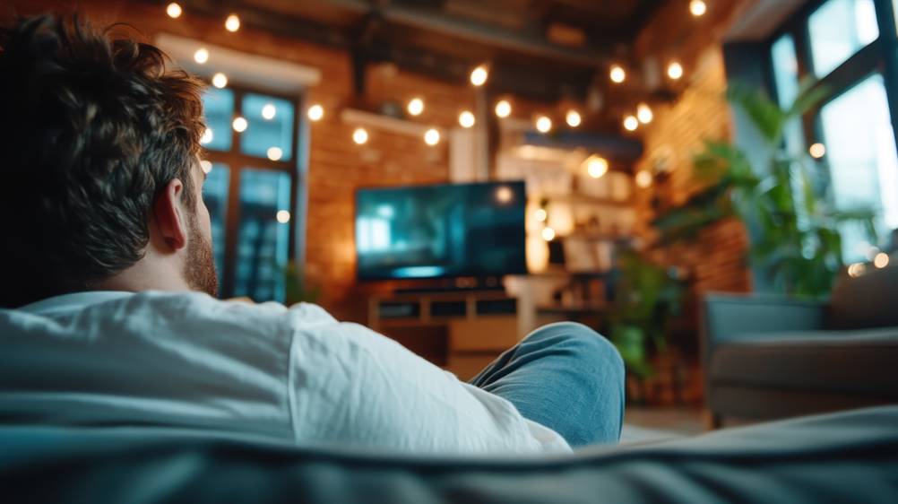 Sony-Fernseher-Test: Mann sitzt weit entfernt von seinem laufenden TV-Gerät – Blick von hinten