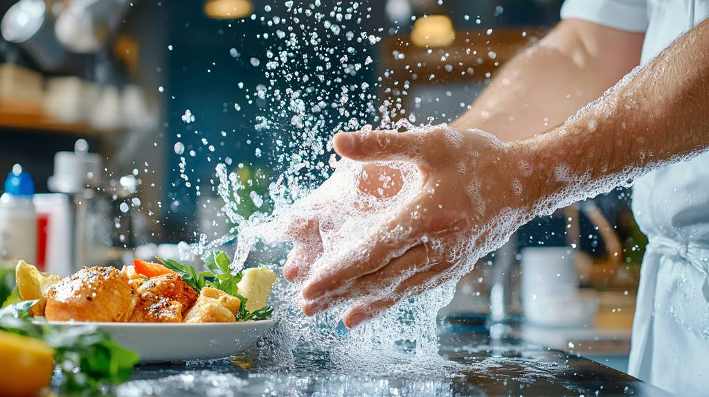 Edelstahlseife-Test: Wasserspritzer entstehen vor einem Teller mit Lebensmittel darauf.