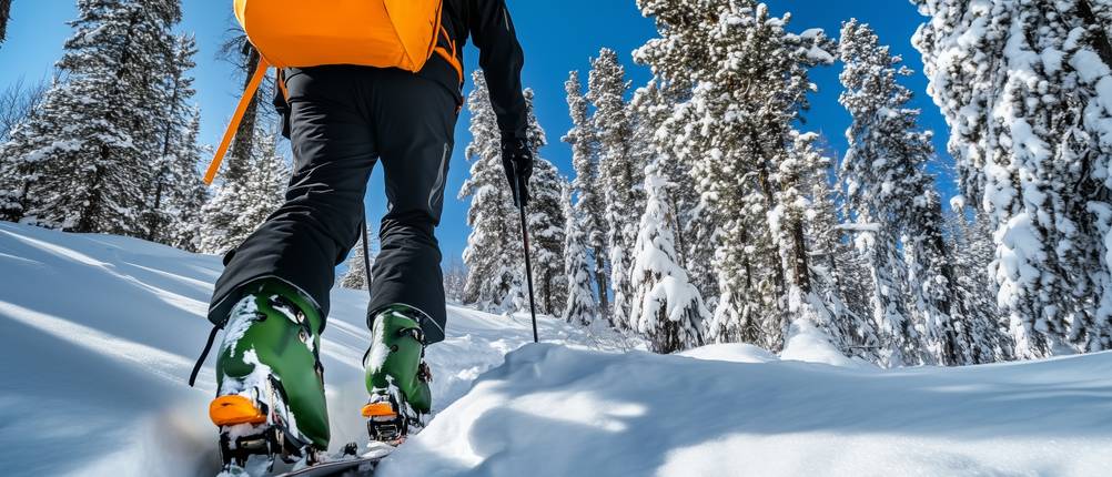 Skijacke-Herren-Test: Jemand geht mit Tourenski durch Schnee.