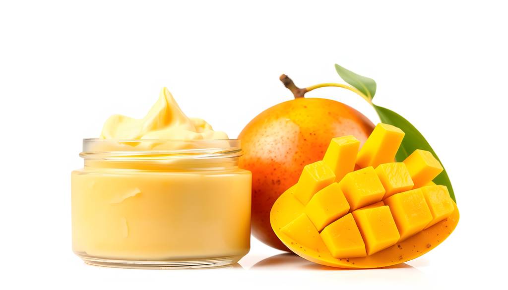 Test-Mangobutter: Eine Mango neben einer Creme, die sich in einem Tiegel befindet.