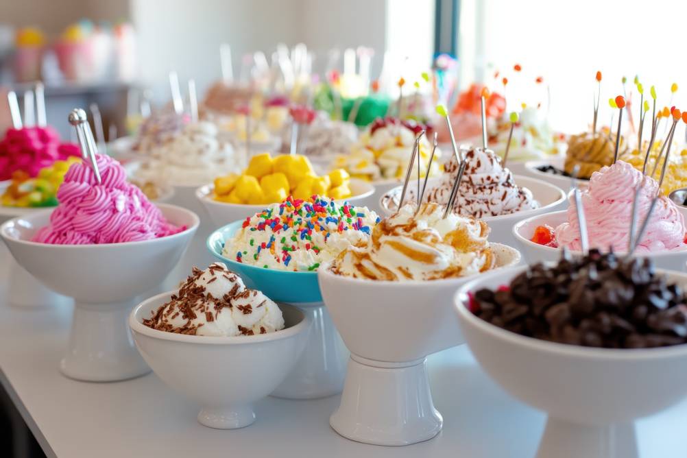 Eisbecher im Test: Für einen Kindergeburtstag stehen viele verschiedene Eisbecher auf einem Buffet.