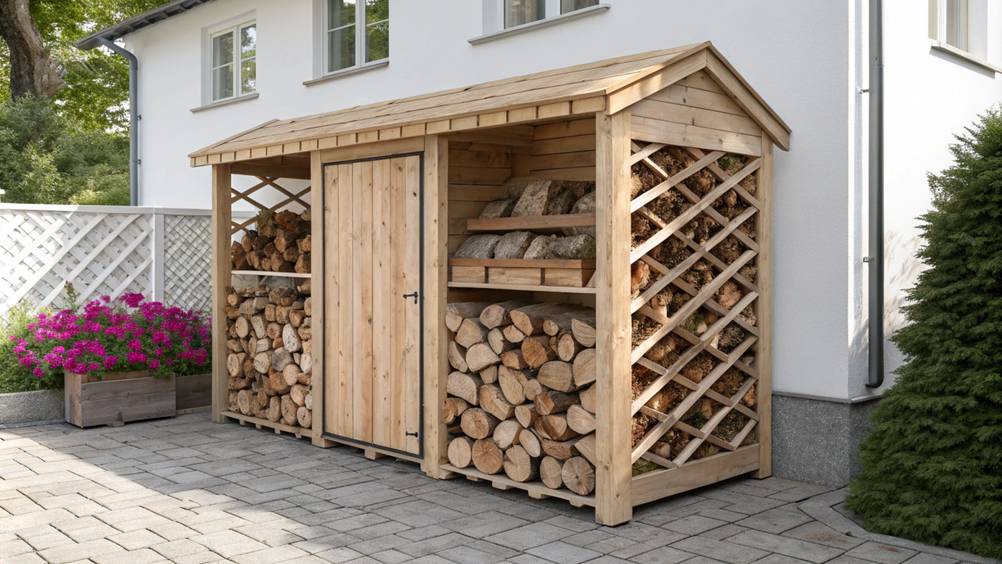 Holzlege im Test: Eine Holzlege mit vier Fächern für Holz und in der Mitte eine Tür hinter der andere Dinge untergebracht werden können.