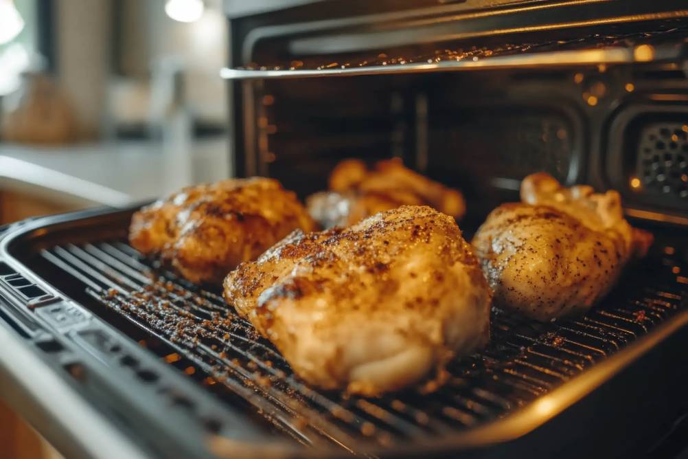 Mini-Backofen 45 Liter im Test: gebratene Hähnchenteile auf dem ausgezogenen Rost
