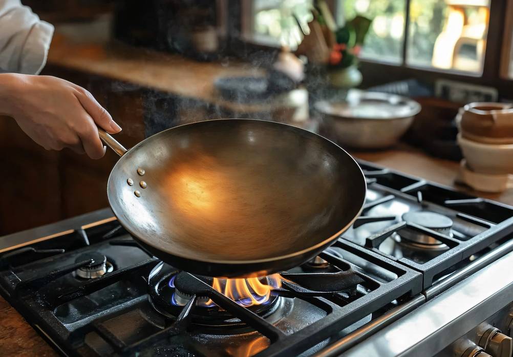Gaskochfeld 5-flammig Test: Ein leerer Wok wird über einen brennenden Wok-Brenner im Gaskochfeld gehalten.