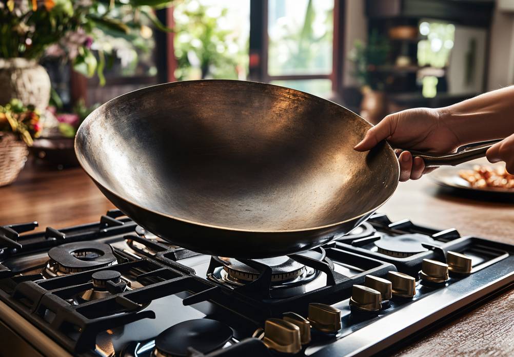 Gaskochfeld-75-cm im Test: Ein leerer Wok wird über dem noch nicht aktiven Gaskochfeld gehalten