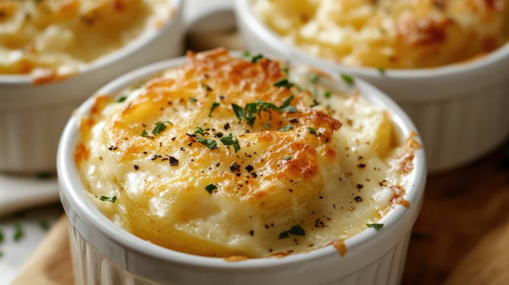 Steba-Minibackofen im Test: kleine Förmchen mit Käse überbacken auf einem Holzbrett