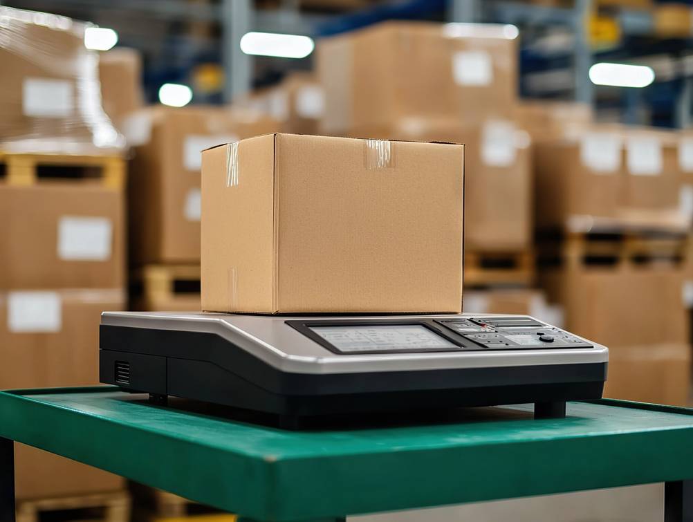 Paketwaage im Test: Eine Waage mit einem Display auf einem Metalltisch in einem Lager, das im Hintergrund viele Pakete auf Paletten und Hochregale zeigt.