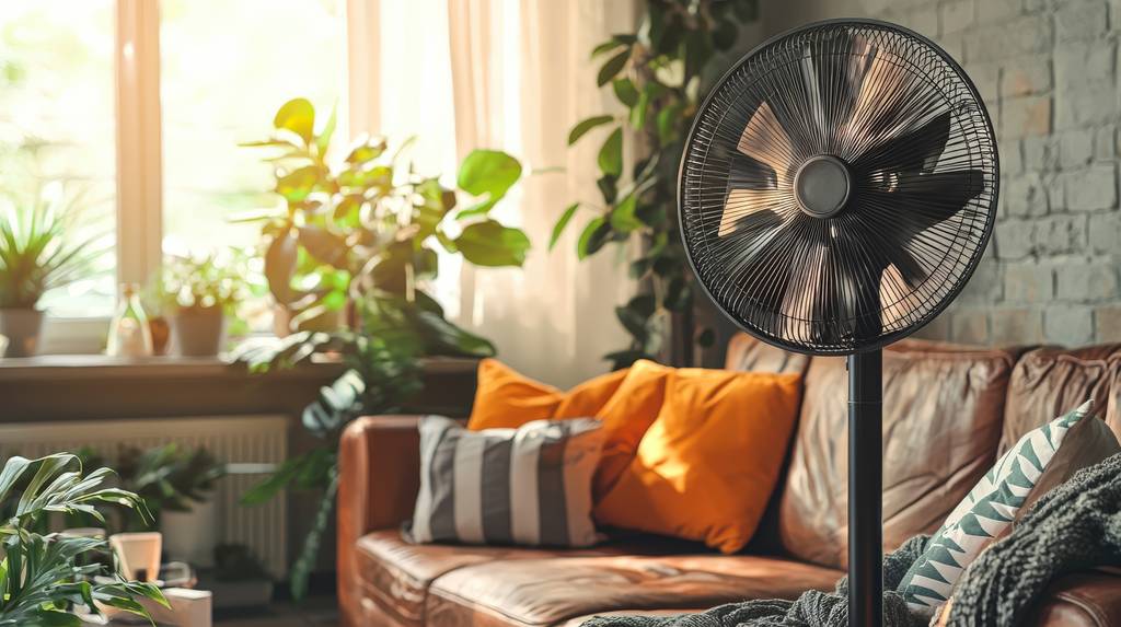 Brandson-Standventilator im Test: Ein schwarzer Ventilator steht vor einer brauenen Ledercouch und einer Backsteinwand – Pflanzen sind überall im Zimmer verteilt.