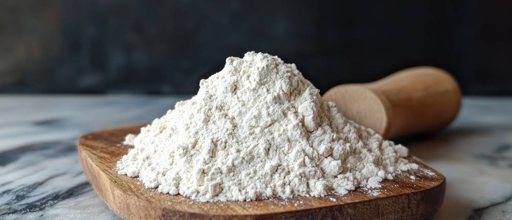 Manuelle Getreidemühle im Test: Mehl liegt auf einem Holzbrett.