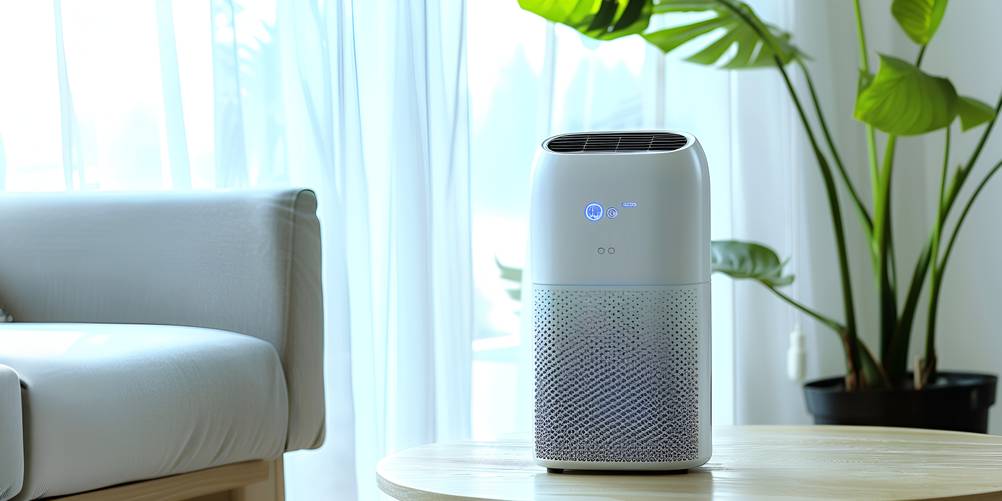 UVC-Luftreiniger im Test: Ein aktives kleines Gerät steht in einem Wohnraum auf einem runden Tisch.