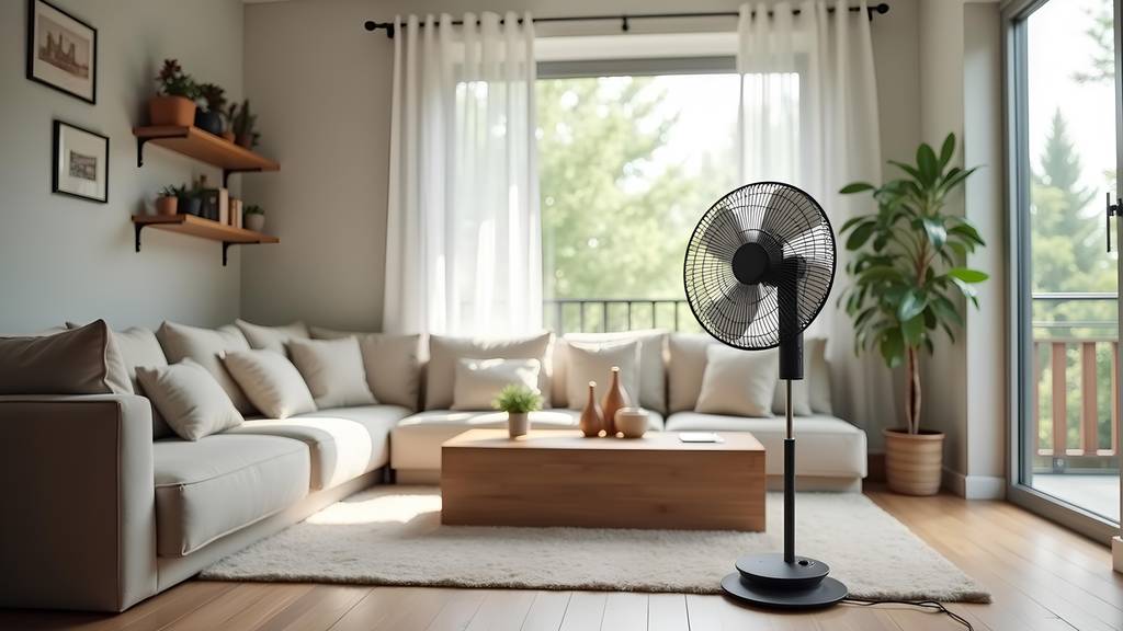 Brandson-Standventilator im Test: Ein schwarzer Standventilator steht vor einer beigen Eckcouch in einem modern eingerichteten Wohnraum.