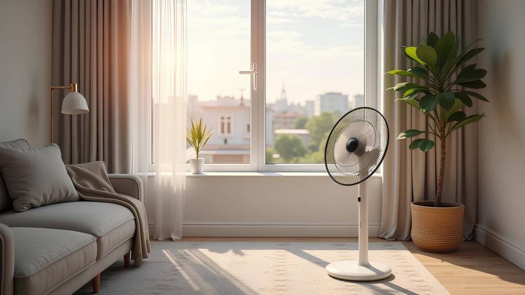 Brandson-Standventilator im Test: Ein weiß-schwarzer Standventilator steht in einem Wohnzimmer, in das die Sonne scheint.