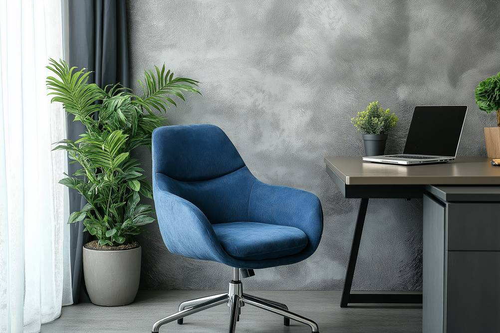 Glasheizkörper im Test: Schreibtisch mit Laptop und Schreibtischsessel davor – Home-Office