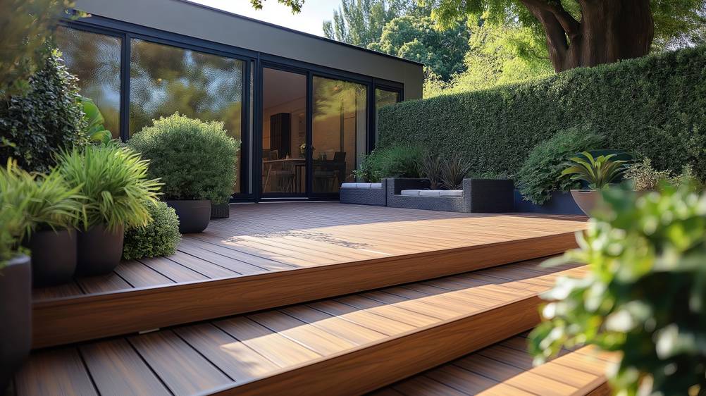 Glasschiebetür im Test: Moderner Bungalow mit Glasschiebetüren zu einer Holzterrasse, die in Stufen hinunterführt.