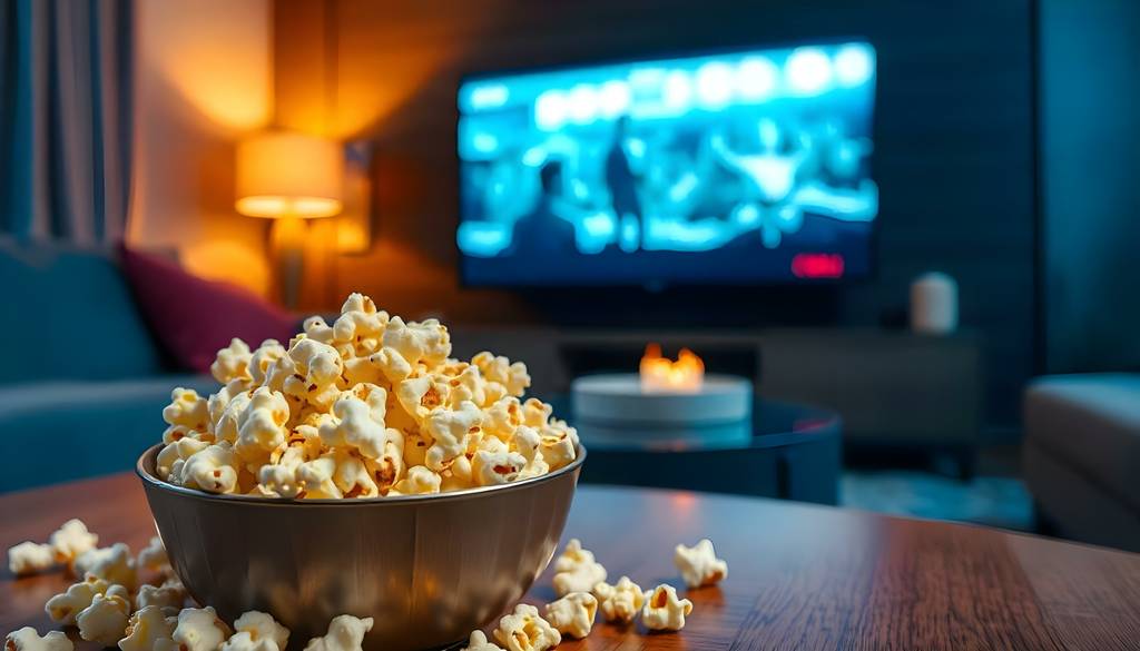 Klipsch-Lautsprecher im Test: Eine Schale Popcorn im Vordergrund und im unscharfen Hintergrund ein TV-Gerät und eine Standleuchte in Betrieb.