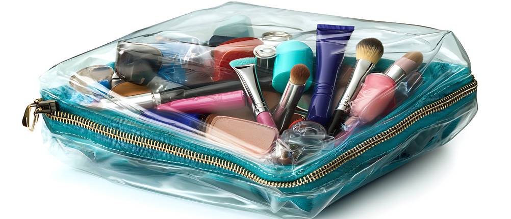 Kosmetiktasche-Test: Eine durchsichtige Kosmetiktasche, die mit Beauty-Artikeln gefüllt ist.