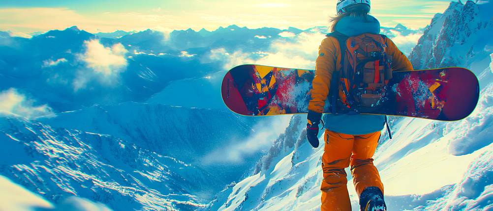 Snowboard-Rucksack-Test: Eine Frau trägt das Snowboard horizontal am Rücken.