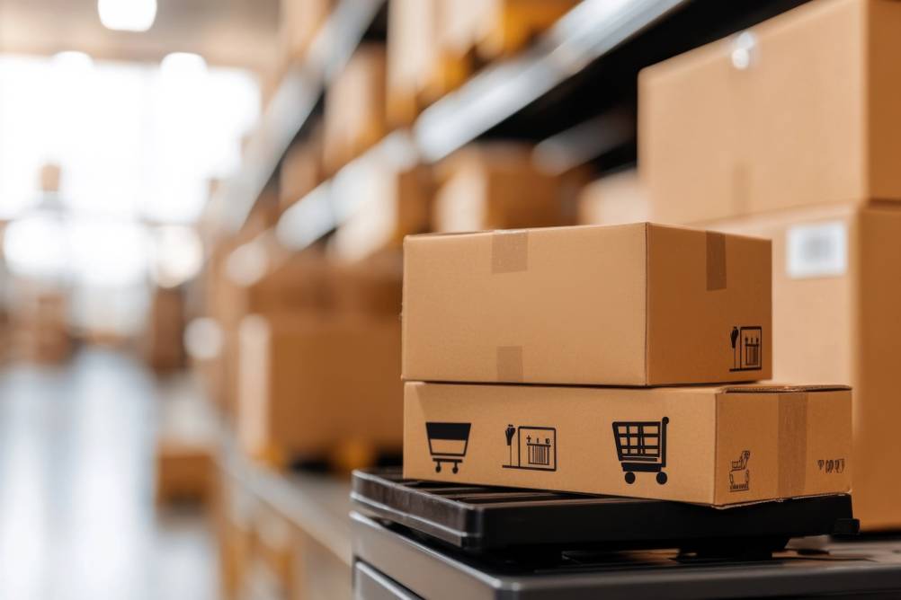 Paketwaage im Test: In einem Lager mit vielen Kartons steht eine kleinere Paketwaage mit zwei kleinen Paketen darauf.