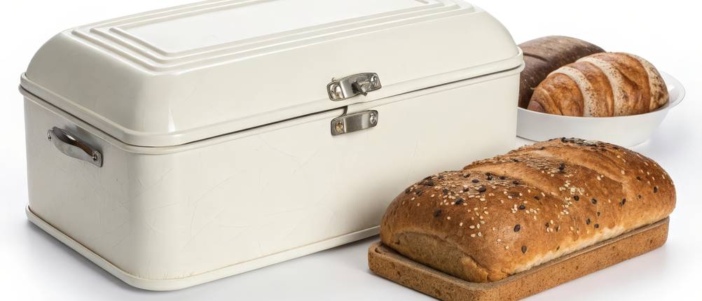 Wesco-Brotkästen-Test: Brot und Gebäck ist vor und neben einem weißen Brotkasten platziert.