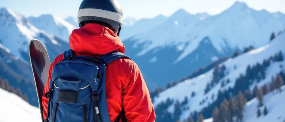 Snowboard-Rucksack-Test: Eine Person trägt einen Rucksack, hat dabei ein Snowboard in der Hand und genießt die Aussicht.