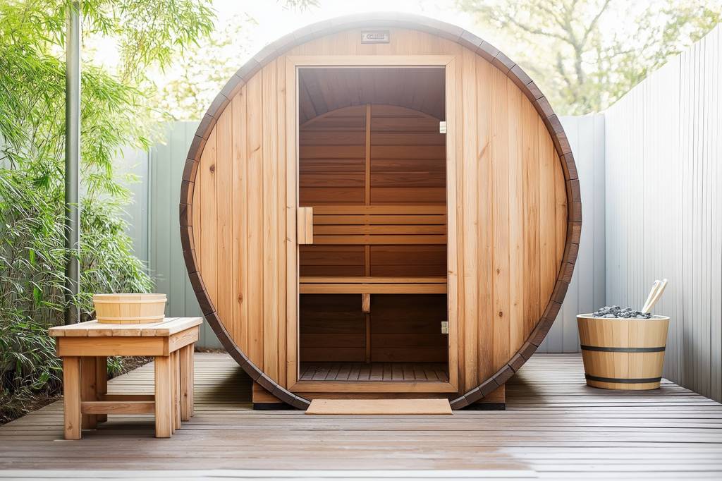 Saunaofen 6 kW im Test: Eine Fasssauna mit Zubehör in einem Atrium.
