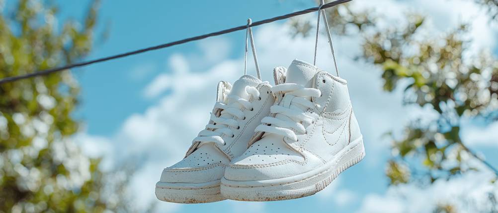 Schuhkissen-Test: weiße Schuhe hängen auf einer Wäscheleine.