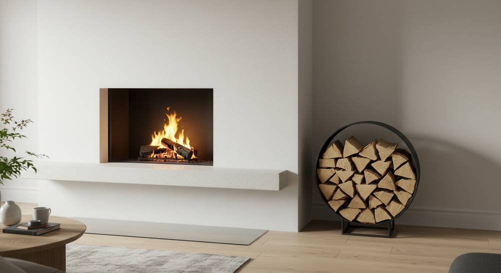 Holzlege im Test: schwarze Holzlege steht rechts neben einem Kamin in einem Wohnzimmer