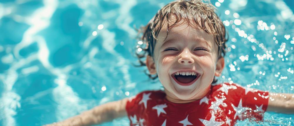UV-Shirt-Kinder-Jungen-Test: Ein Kind schwimmt im Wasser und lächelt dabei.