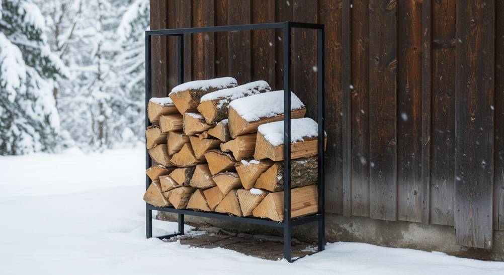 Holzlege im Test: Holzlege aus scharzem Metall ohne Abdeckung des Kaminholzes, das mit Schnee bedeckt ist.