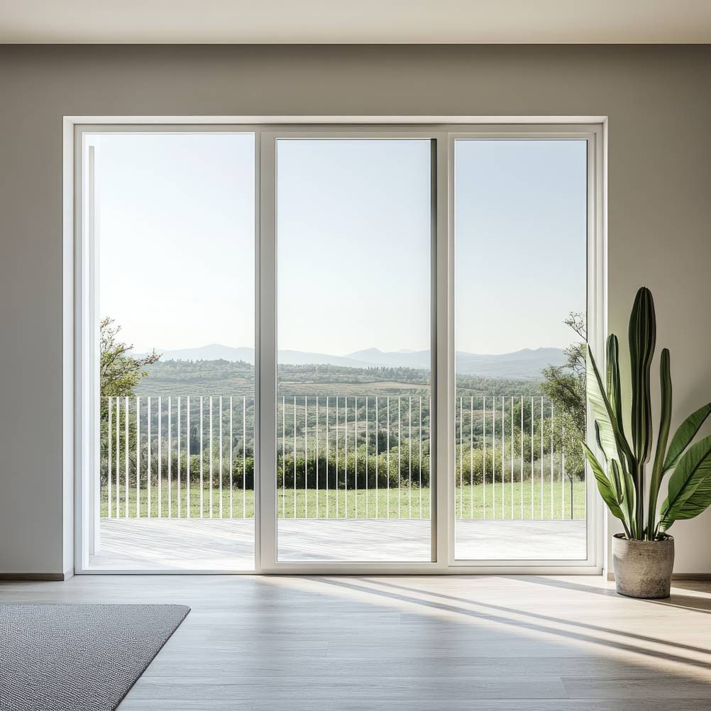 Glasschiebetür im Test: Hier bietet sich ein Blick durch eine dreiteilige Glasschiebetür über einen Balkon auf eine Landschaft mit Bergen im Hintergrund.