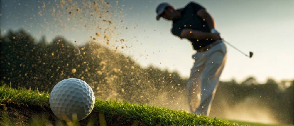 Lakeballs-Test: Ein Mann spielt Golf, während der weiße Golfball im Fokus ist.