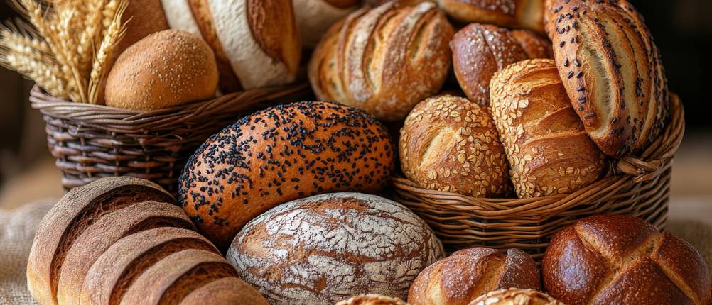 Manuelle Getreidemühle getestet: In zwei Körben sind verschiedene Brotsorten und Brötchen angerichtet.