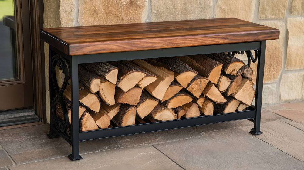 Holzlege im Test: Eine Sitzbank aus Holz und Metall, deren unterer Teil als Holzlege dient.