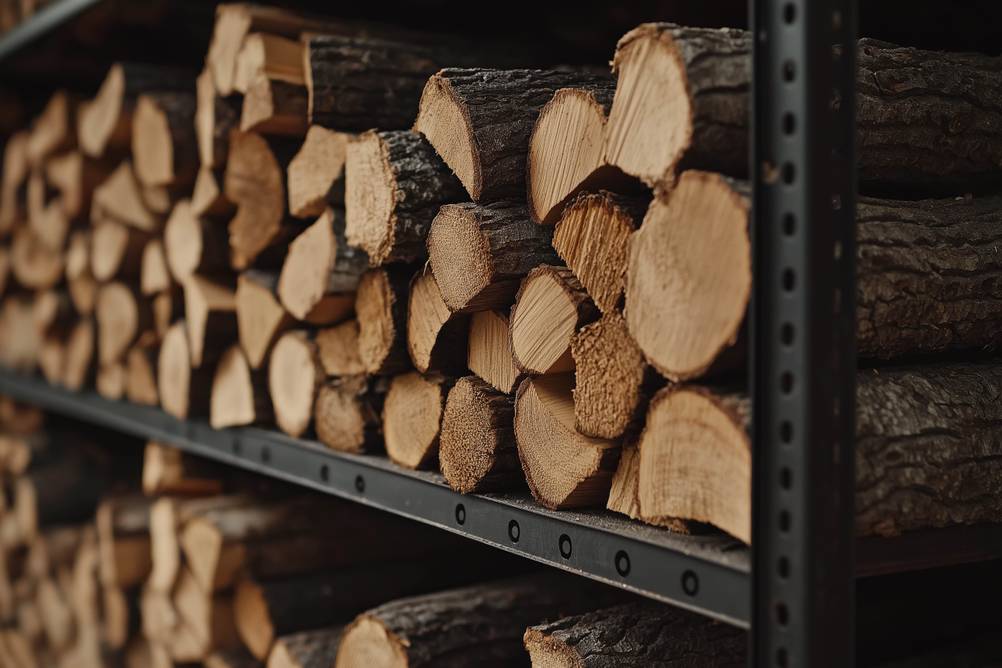 Holzlege im Test: großes, schwarzes Stahlregal mit Holz gefüllt