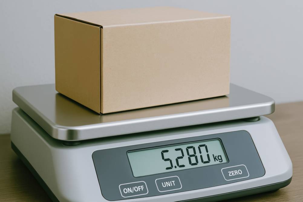 Paketwaage im Test: Eine Paketwaage, die mit einem kleinen Paket bestückt ist. Die Digitalanzeige zeigt 5,280 kg an.