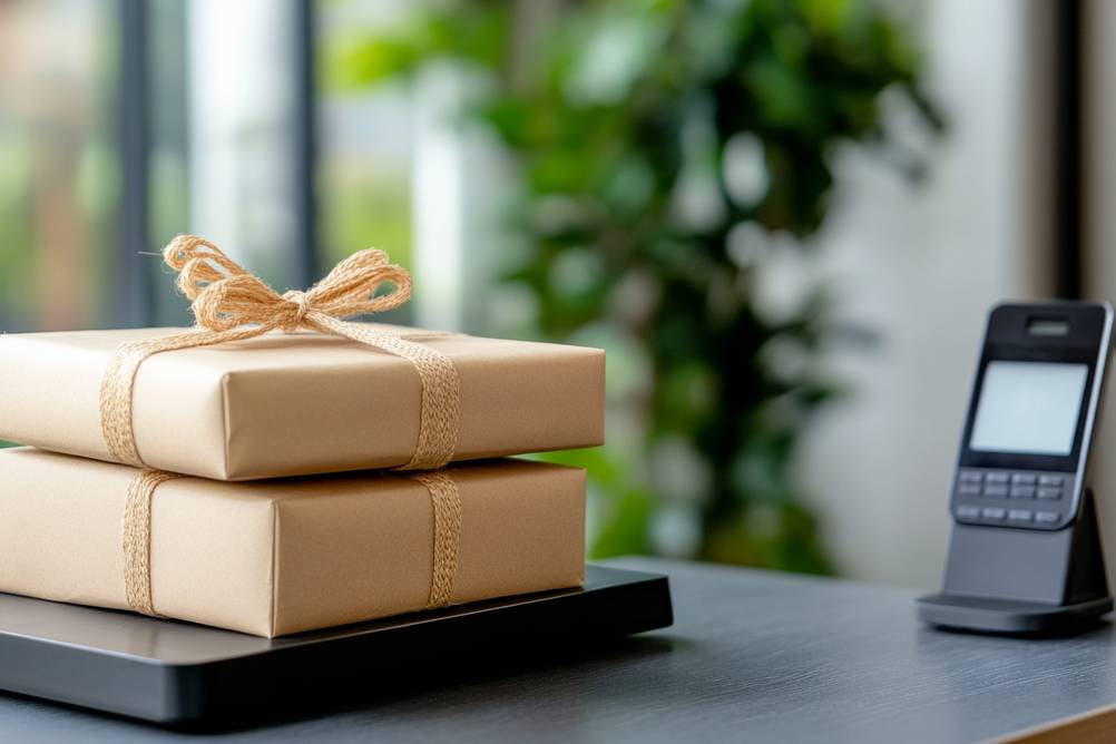 Paketwaage im Test: Eine Paketwaage mit externer Steuer- und Ableseeinheit in einer Büroumgebung.