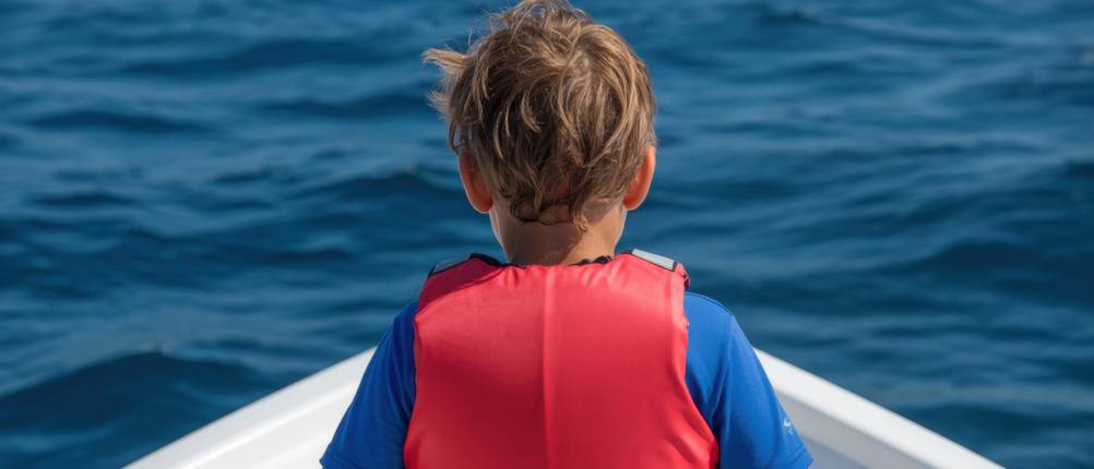 UV-Shirt-Kinder-Jungen-Test: Ein Junge sitzt in einem Boot mit einem UV-Shirt und einer Schutzweste.
