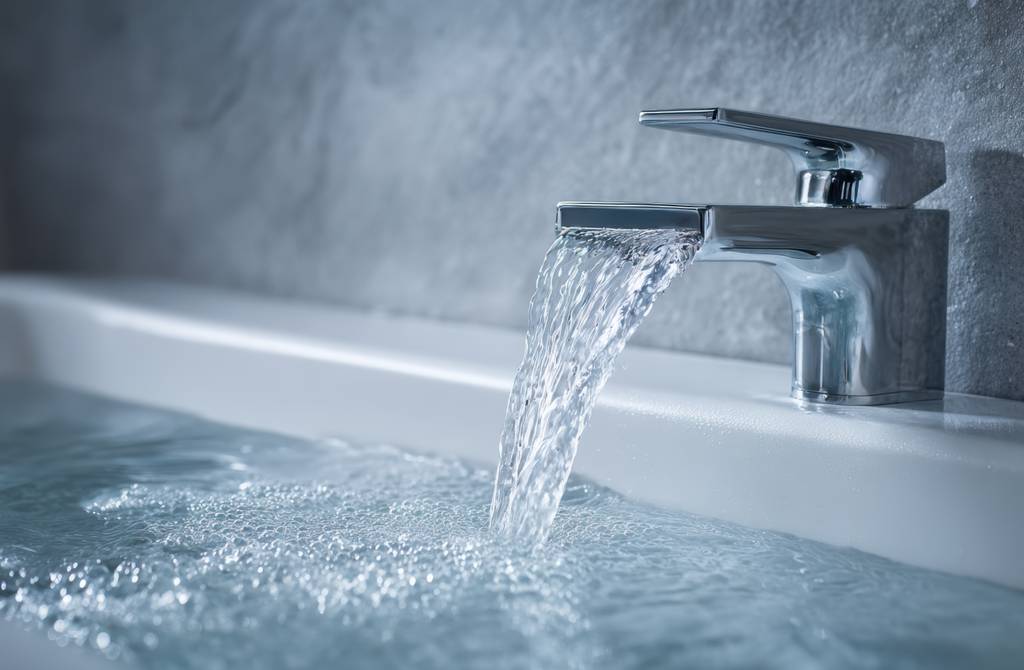 Durchlauferhitzer mit Fernbedienung im Test: Ein breiter Auslass einer Badewannenarmatur (Chrom) lässt Wasser in eine schon sehr volle Wanne.
