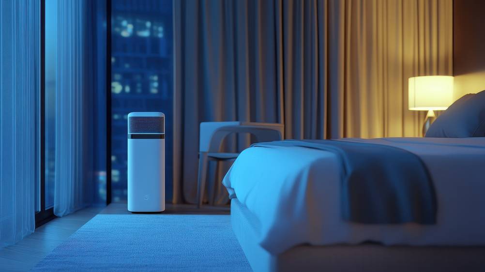 UVC-Luftreiniger im Test: Ein großer UVC-Luftreiniger steht in einem Hotelzimmer mit einer beleuchteten Nachttischlampe.