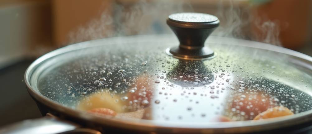 Pfanne mit Wabenstruktur getestet: Eine geschlossene Pfanne steht auf einem Herd.