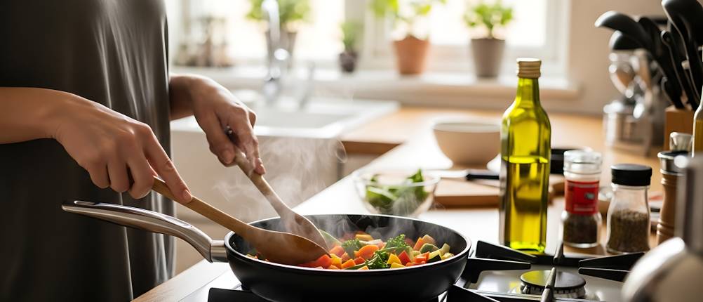 Pfanne mit Wabenstruktur Test: Gemüse wird in einer Pfanne angebraten.