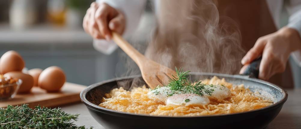 Pfanne mit Wabenstruktur Test: Ein Gericht wird mit einem Pfannenwender aus Holz umgerührt.
