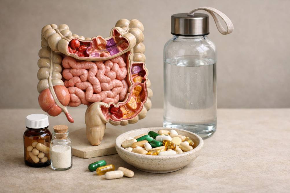 Ein Modell eines Darms, eine Wasserflasche und sämtliche Pillen in einer Schale stehetn auf einem Tisch.