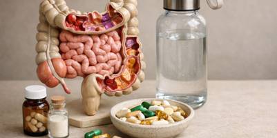 Ein Modell eines Darms, eine Wasserflasche und sämtliche Pillen in einer Schale stehetn auf einem Tisch.